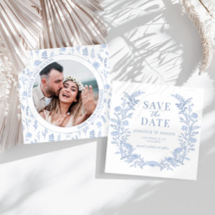 Boho blauwe bloemen Save the Date foto uitnodiging