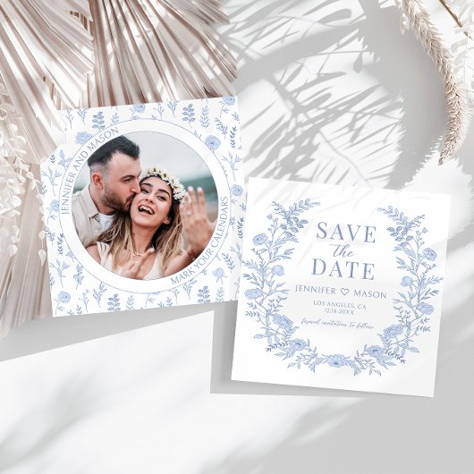 Boho blauwe bloemen Save the Date foto uitnodiging