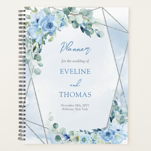 Boho blauwe bloemeneucalyptus en zilveren glitter planner (Voorkant)