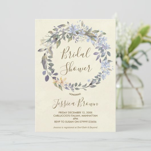 Boho Blauwe Bloemenkrans Bruids Douche Uitnodiging (Staand voorkant)
