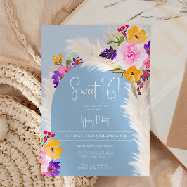 Boho blauwe bloemenpampas woestijnboog Sweet 16 Kaart