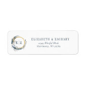 Boho Blauwe Bloemige Monogram Huwelijksretouradres Etiket (Voorkant)