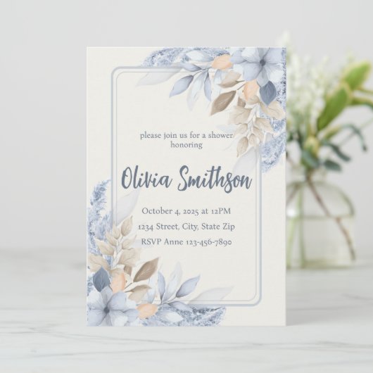 Boho Blauwe Bloemige Pampas Gras Uitnodiging (Staand voorkant)