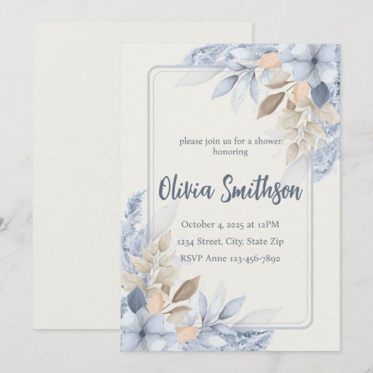 Boho Blauwe Bloemige Pampas Gras Uitnodiging (Voorkant / Achterkant)