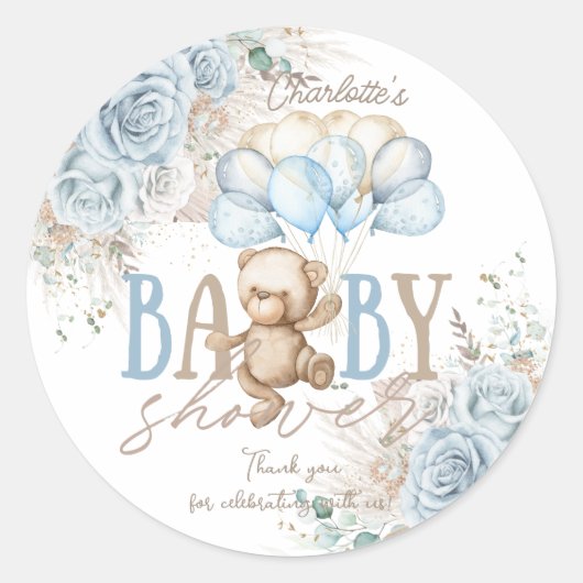 Boho Blauwe Bloemige Pampas Teddybeer Jongens Baby Ronde Sticker (Voorkant)