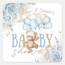 Boho Blauwe Bloemige Pampas Teddybeer Jongens Baby Vierkante Sticker