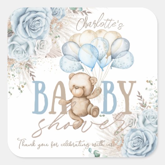 Boho Blauwe Bloemige Pampas Teddybeer Jongens Baby Vierkante Sticker (Voorkant)