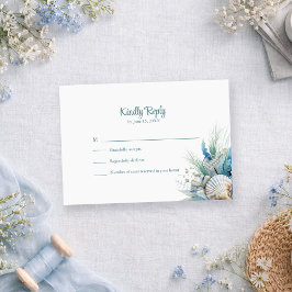 Boho Blauwe Bloemige Strand- en Schelp Huwelijks R RSVP Kaartje