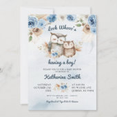 Boho Blauwe Bloemige Uil Baby Shower Kaart (Voorkant)