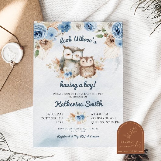 Boho Blauwe Bloemige Uil Baby Shower Kaart