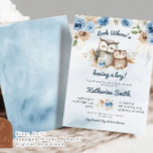 Boho Blauwe Bloemige Uil Baby Shower Kaart