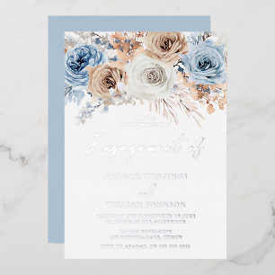 Boho Blauwe Bloemige Verlovingsfeest Zilver Folie Uitnodiging