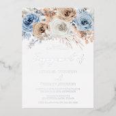 Boho Blauwe Bloemige Verlovingsfeest Zilver Folie Uitnodiging (Voorkant)