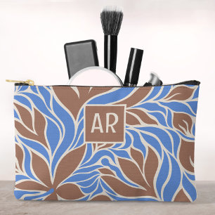 Boho Blauwe & Bruine Moderne Bloempatroon Monogram Etui