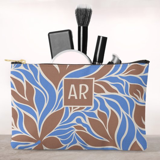 Boho Blauwe & Bruine Moderne Bloempatroon Monogram Etui