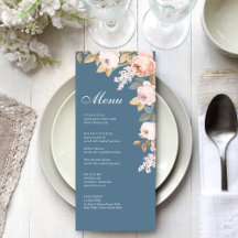 Boho Blauwe en Blush Pioenrozen Trouw Menu Kaart