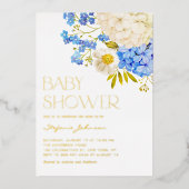 Boho Blauwe en Witte Hortensia's Baby Shower Folie Uitnodiging (Voorkant)