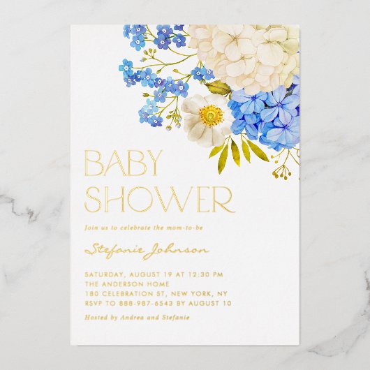 Boho Blauwe en Witte Hortensia's Baby Shower Folie Uitnodiging (Voorkant)