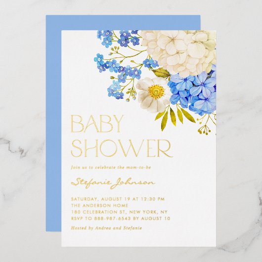 Boho Blauwe en Witte Hortensia's Baby Shower Folie Uitnodiging (Voorkant / Achterkant)