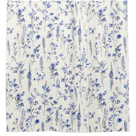 Boho Blauwe en witte wilde bloemen Douchegordijn (Voorkant)