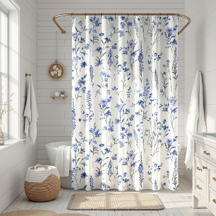 Boho Blauwe en witte wilde bloemen Douchegordijn