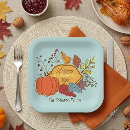 Boho Blauwe Herfstloof Familie Thanksgiving Papieren Bordje