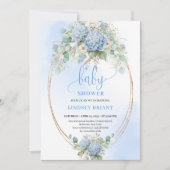 Boho Blauwe Hortensia Baby Shower Gouden Uitnodigi Kaart (Voorkant)