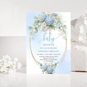 Boho Blauwe Hortensia Baby Shower Gouden Uitnodigi Kaart