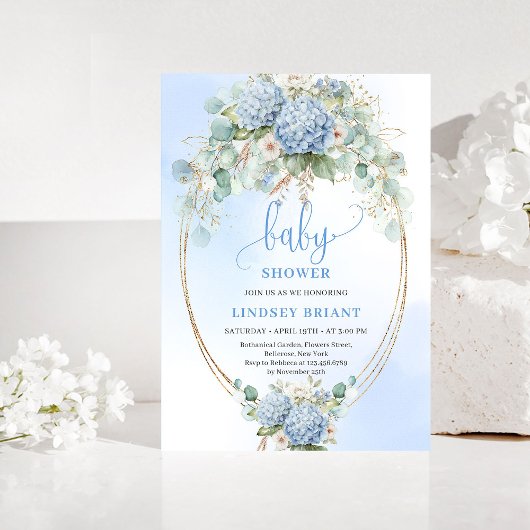 Boho Blauwe Hortensia Baby Shower Gouden Uitnodigi Kaart