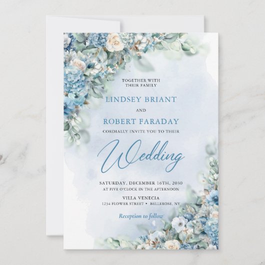 Boho blauwe hortensia en crème rozen eucalyptus kaart (Voorkant)