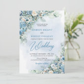 Boho blauwe hortensia en crème rozen eucalyptus kaart (Staand voorkant)