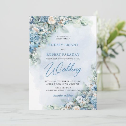 Boho blauwe hortensia en crème rozen eucalyptus kaart (Staand voorkant)