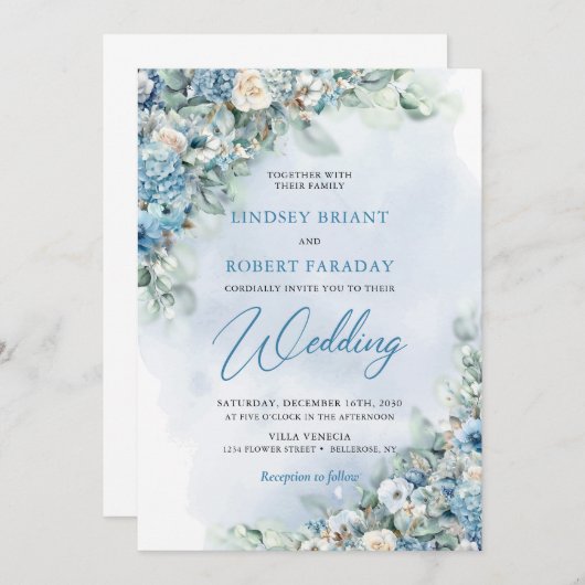 Boho blauwe hortensia en crème rozen eucalyptus kaart (Voorkant / Achterkant)