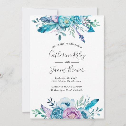 Boho blauwe lente bloemenbruiloft uitnodiging (Voorkant)