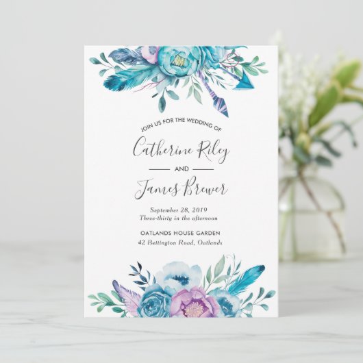 Boho blauwe lente bloemenbruiloft uitnodiging (Staand voorkant)