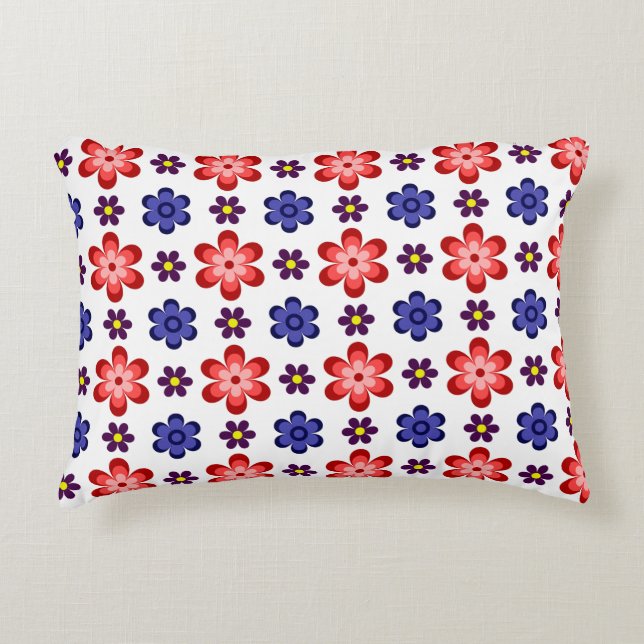 Boho Blauwe Paarse Rode Bloemen Accent Kussen (Voorkant)