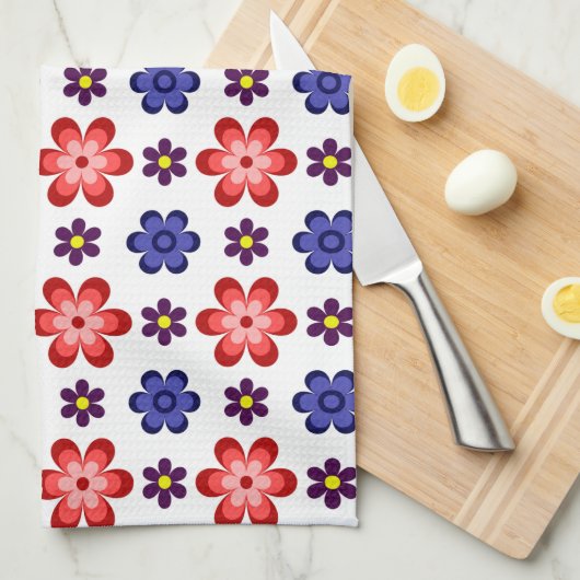 Boho Blauwe Paarse Rode Bloemen Keukenhanddoek (Quarter Fold)