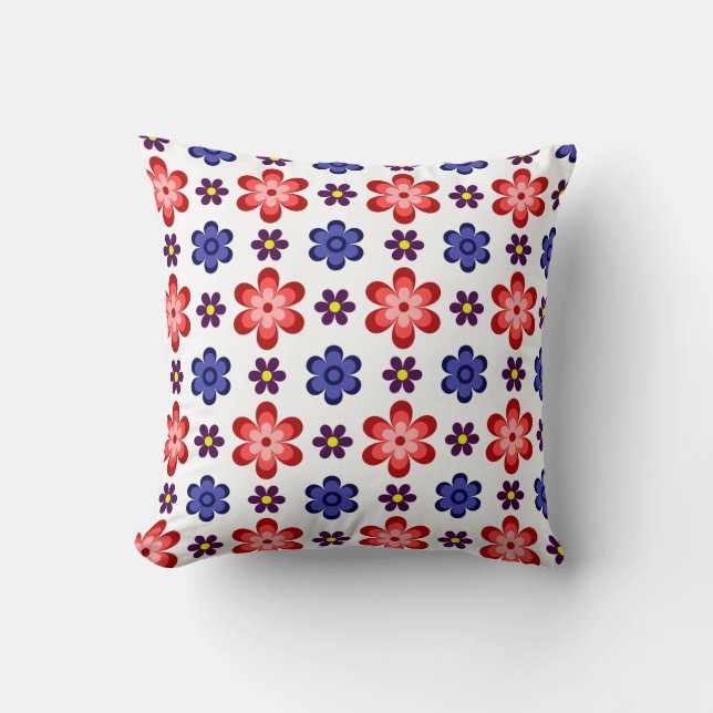 Boho Blauwe Paarse Rode Bloemen Worp Kussen (Voorkant)