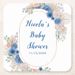 Boho Blauwe Pampagras Baby Shower Kartonnen Onderzetters
