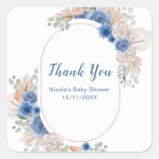 Boho Blauwe Pampagras Baby Shower Vierkante Sticker (Voorkant)