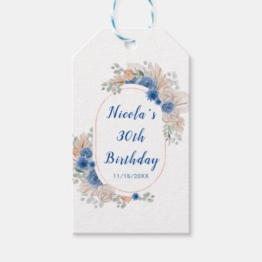 Boho Blauwe Pampagras Cadeaulabel (Voorkant)