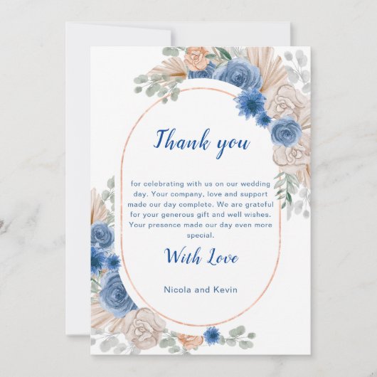 Boho Blauwe Pampagras Trouw Dank Je Bedankkaart (Voorkant)