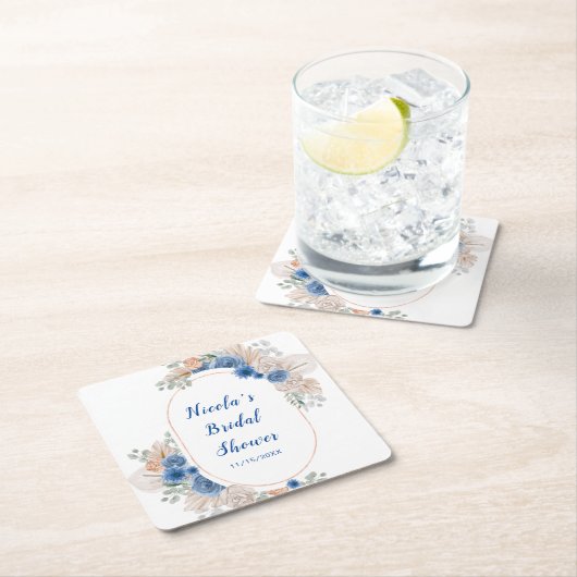 Boho Blauwe Pampas Gras Bruiloftsborrel Kartonnen Onderzetters (Insitu)