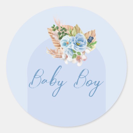Boho Blauwe Pampasgras Bloemen Oh Boy Baby Shower  Ronde Sticker (Voorkant)