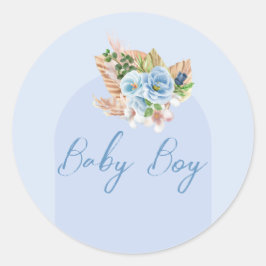 Boho Blauwe Pampasgras Bloemen Oh Boy Baby Shower  Ronde Sticker