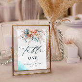 Boho blauwe perzik bloemenbruiloft tafel nummer kaart