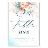 Boho blauwe perzik bloemenbruiloft tafel nummer kaart (Voorkant)