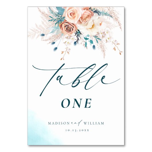 Boho blauwe perzik bloemenbruiloft tafel nummer kaart (Voorkant)