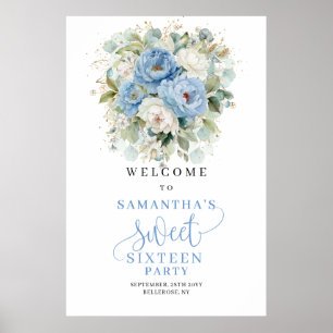 Boho Blauwe Pioenrozen Gouden Sweet Sixteen Welkom Poster