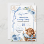 Boho Blauwe Strik Schotse Hoogland Koe Baby Shower Kaart (Voorkant)